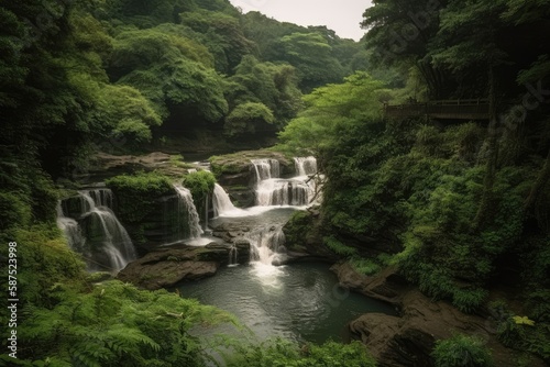 Shifen waterfall in a deep forest in Taiwan. Generative AI