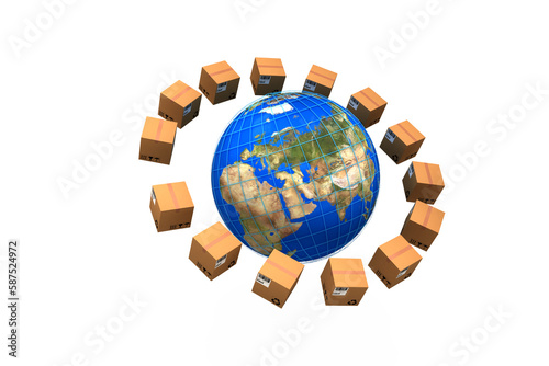 World map amidst brown cardboard boxes