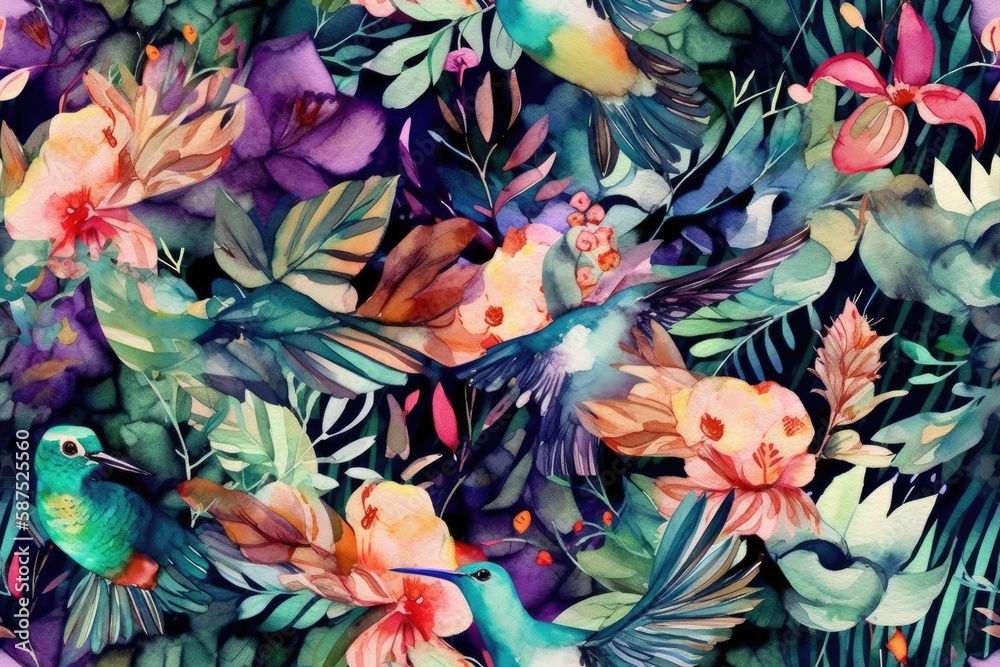 watercolor flowers and birds painting. Generative AI
