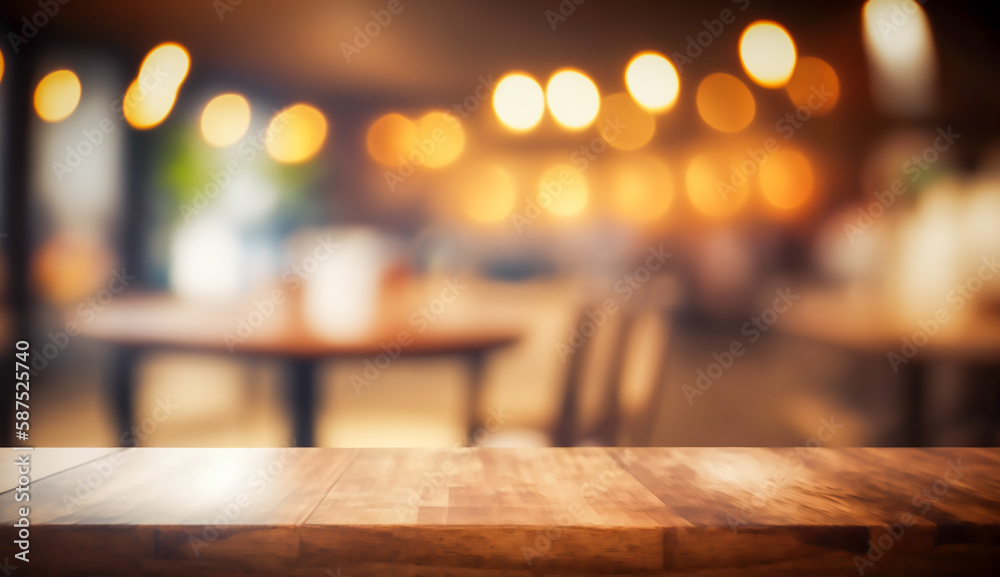 Empty wood table top on blur light soft bokeh background, Generative AI