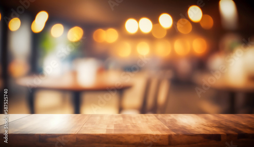 Empty wood table top on blur light soft bokeh background  Generative AI