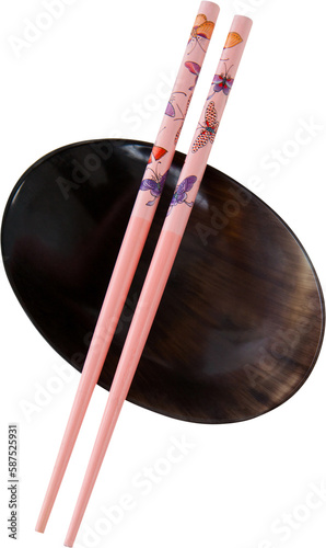 High angle view of pink chopstick with bowl