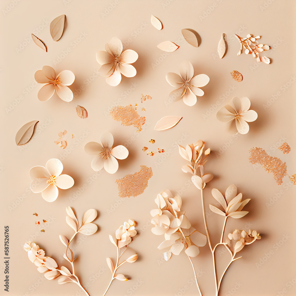 Generative AI trendy beige flolar background. View from above with spring flowers. Generative AI