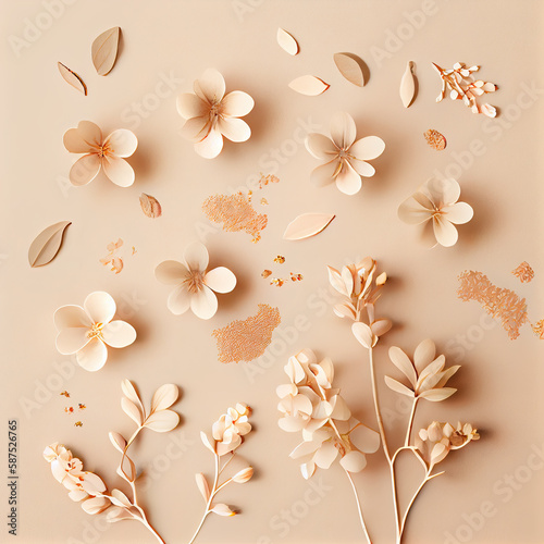 Generative AI trendy beige flolar background. View from above with spring flowers. Generative AI © Golib Tolibov