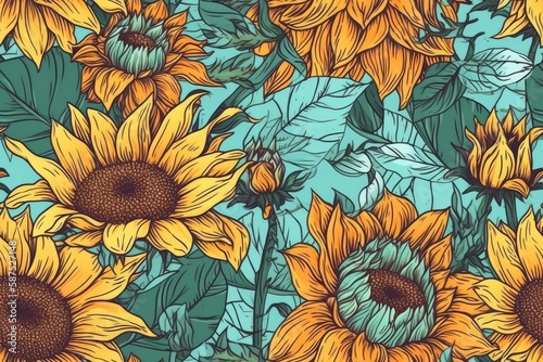 vibrant bunch of yellow sunflowers against a bright blue background. Generative AI