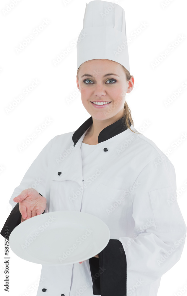 Young woman in chef uniform showing an empty plate Young woman in chef uniform showing an empty plate