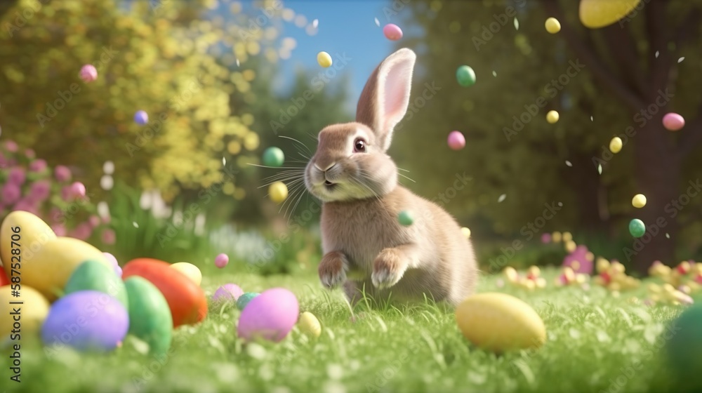 Cute easter rabbit throwing painted eggs through the air in the green park in spring Generative AI Cute easter rabbit throwing painted eggs through the air in the green park in spring Generative AI