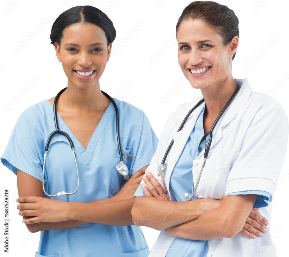 Portrait of smiling female doctors standing arms crossed Portrait of smiling female doctors standing arms crossed