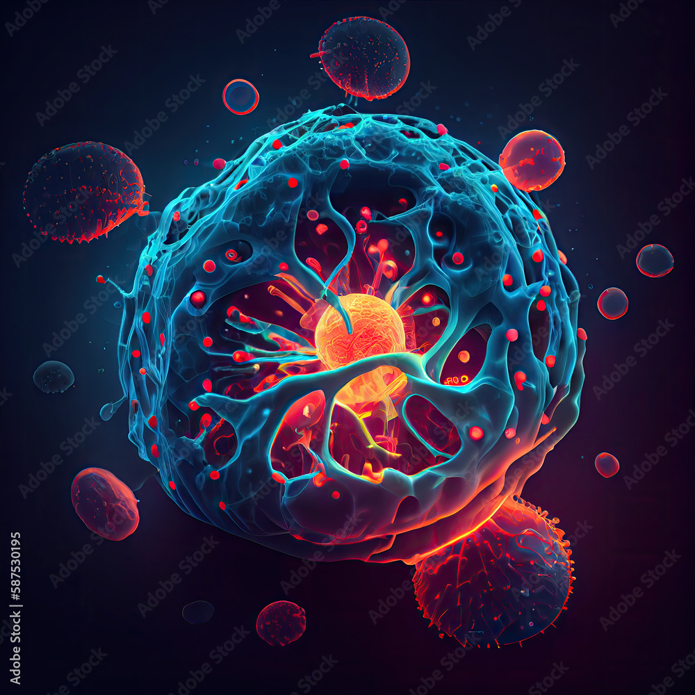 an antigen cell, with red and blue blood cells in the middle left hand