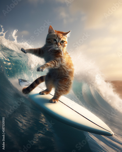 a beautiful radical cat surfing a wave, Generative AI photo