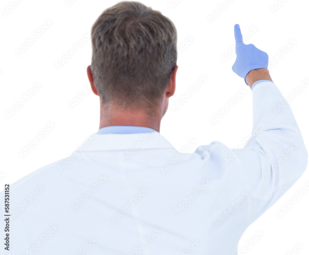 Rear view of male doctor touching something in the air Rear view of male doctor touching something in the air