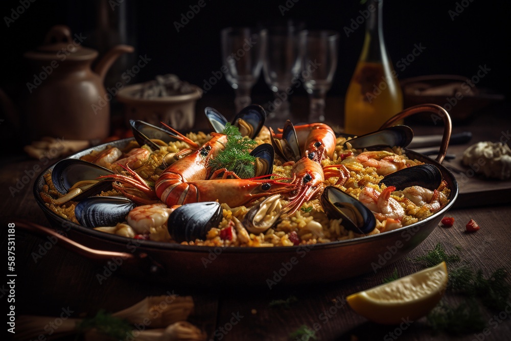 Gourmet Seafood with pan on table