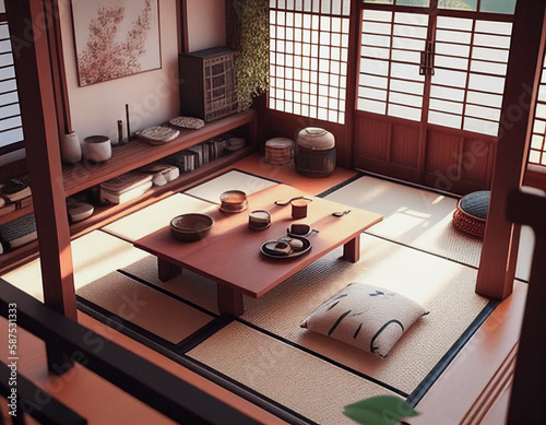 beautiful Japanese living room, featuring traditional tatami mats, shoji screen doors, and low wooden furniture. Include a cozy kotatsu table, with Generative AI