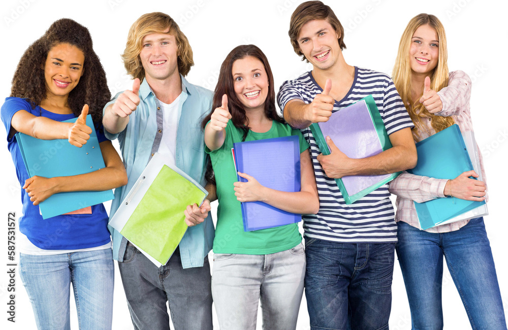 Happy college students gesturing thumbs up Happy college students gesturing thumbs up