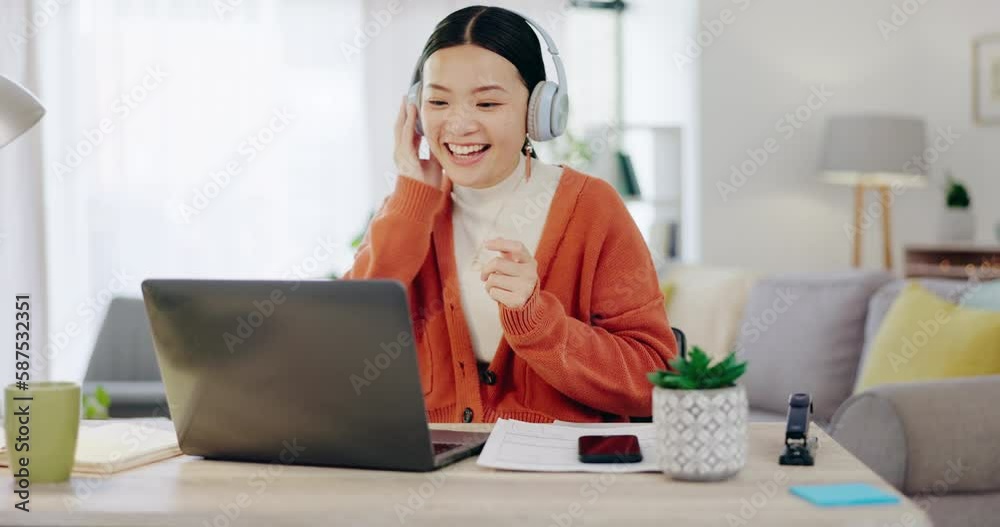 Woman on video call with work from home laptop, headphones and virtual international online meeting. Hello, wave and asian person in China in webinar for remote working or global update in computer Woman on video call with work from home laptop, headphones and virtual international online meeting. Hello, wave and asian person in China in webinar for remote working or global update in computer
