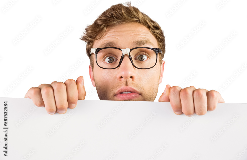 Geeky hipster showing a card Geeky hipster showing a card