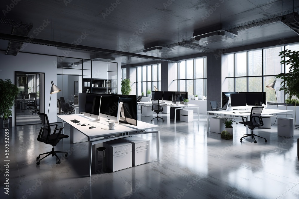 White open plan office in industrial style, featuring exposed elements ...