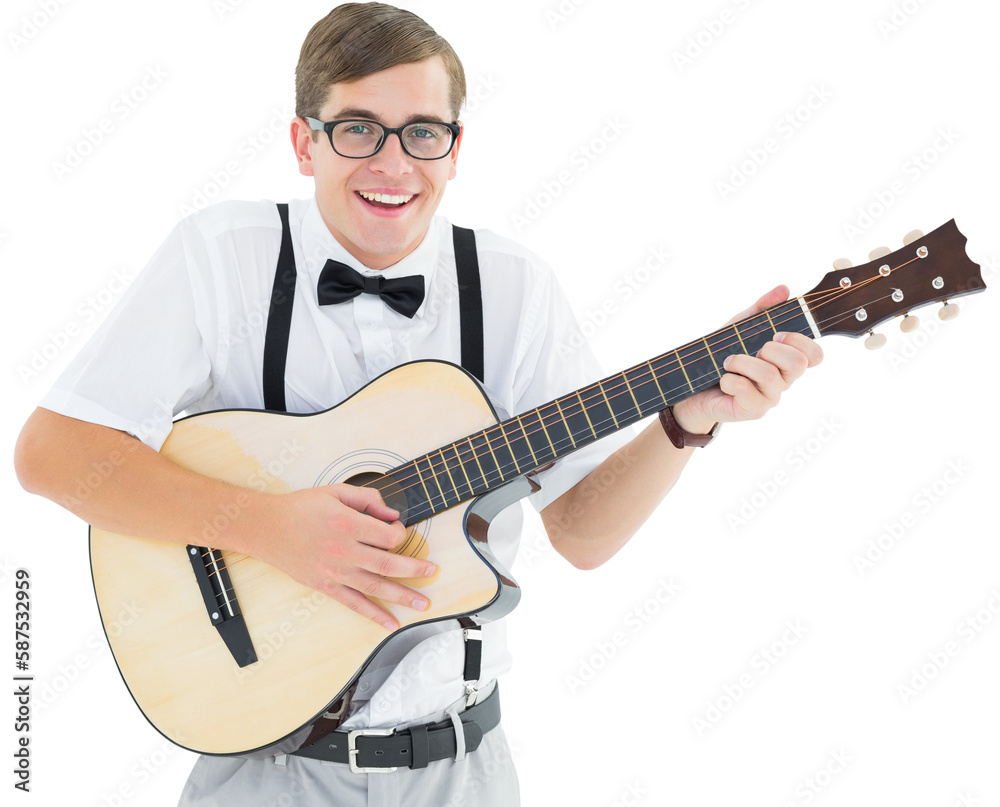 Fototapeta premium Geeky hipster playing guitar and singing