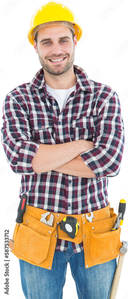 Confident male handyman wearing tool belt Confident male handyman wearing tool belt