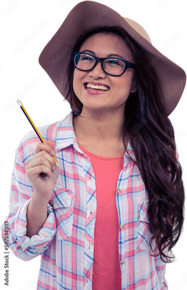 Smiling Asian woman with hat holding pencil Smiling Asian woman with hat holding pencil