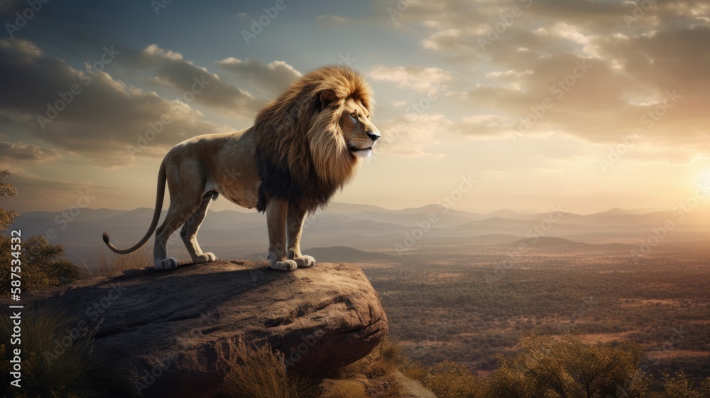 Majestic Lion Standing on a Rock Overlooking a Vast Savannah With Copy Space Majestic Lion Standing on a Rock Overlooking a Vast Savannah With Copy Space