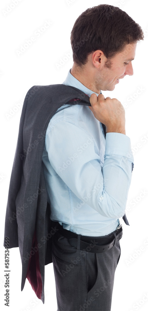 Smiling businessman holding his jacket Smiling businessman holding his jacket