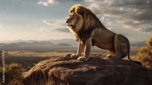 Majestic Lion Standing on a Rock Overlooking a Vast Savannah With Copy Space