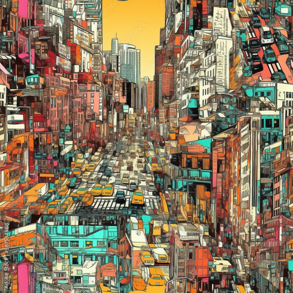 seamless Pop Art New York City the vibrancy and energy of the city that never sleeps with cars, ads, buildings, yellow taxi. generative ai