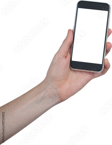 Hand holding mobile phone against white background