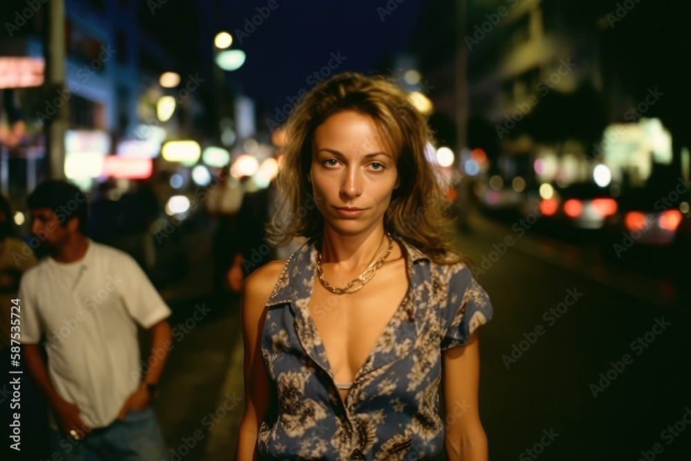 Fototapeta premium young woman in a Latin american city street at night looking at the camera . Generative AI