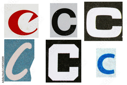 Letter font c from printout magazine cut out, collage element. photo