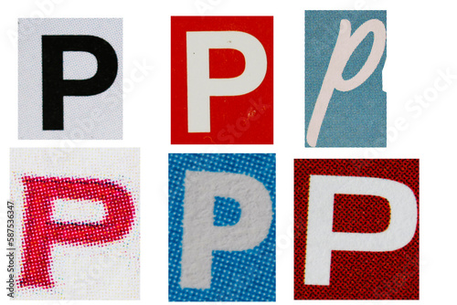 Letter p magazine cut out font, ransom letter, isolated collage elements for text alphabet, ransom note
