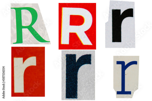 Letter font r from printout magazine cut out, collage element.