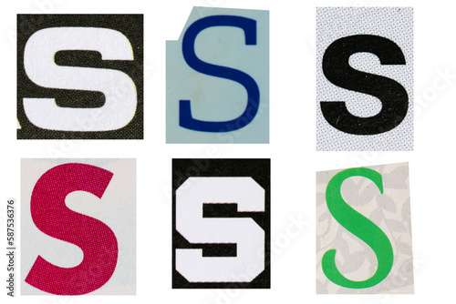 Letter font s from printout magazine cut out, collage element.