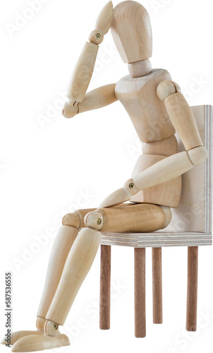 3d image of stressed wooden figurine sitting on chair 