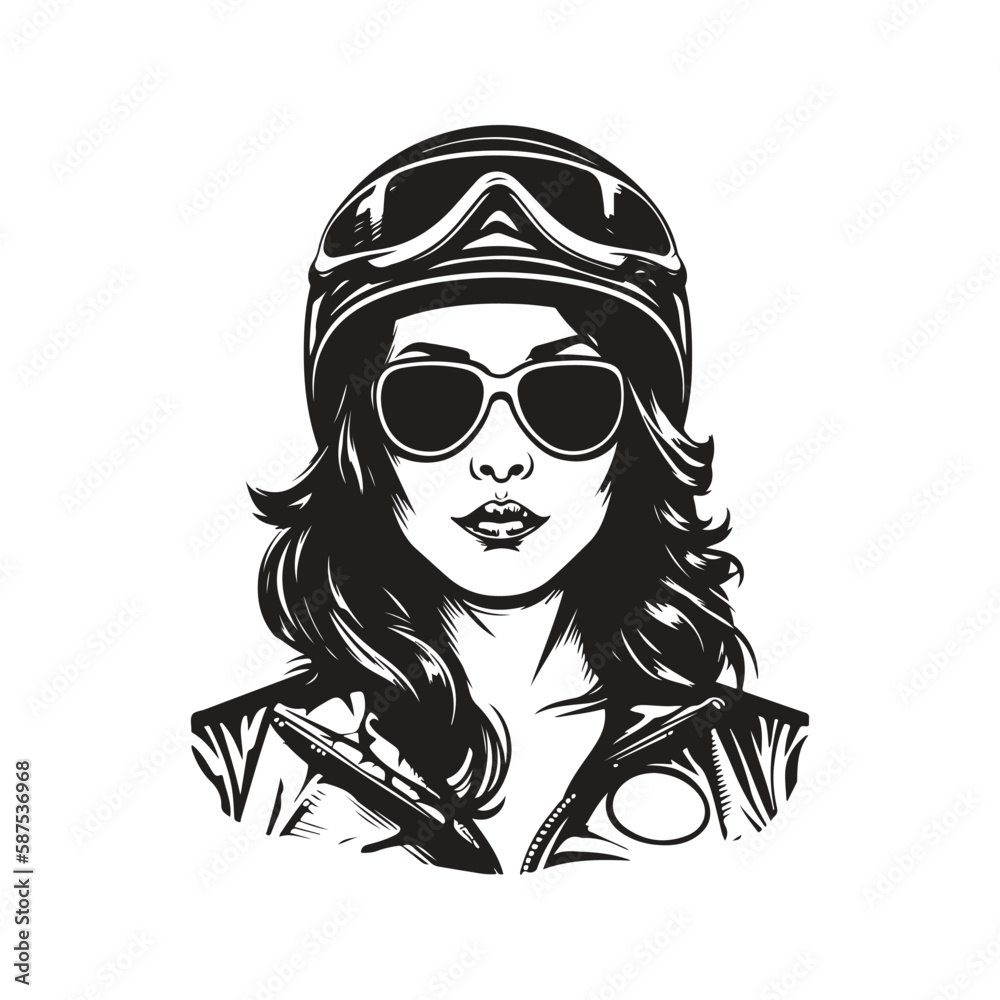 badass biker girl, logo concept black and white color, hand drawn illustration badass biker girl, logo concept black and white color, hand drawn illustration