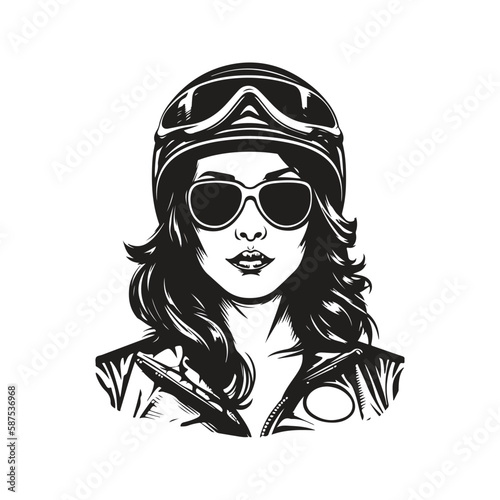 badass biker girl, logo concept black and white color, hand drawn illustration