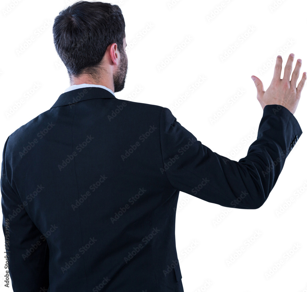 Businessman pretending to touch invisible screen