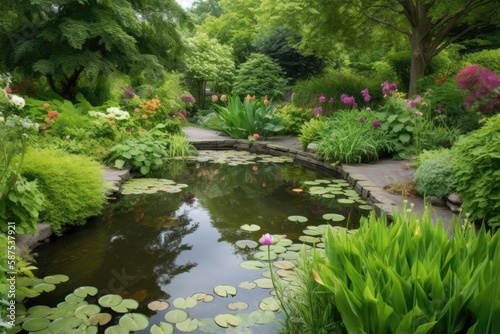 A tranquil garden with blooming flowers  lush greenery  and a peaceful pond background Generative AI