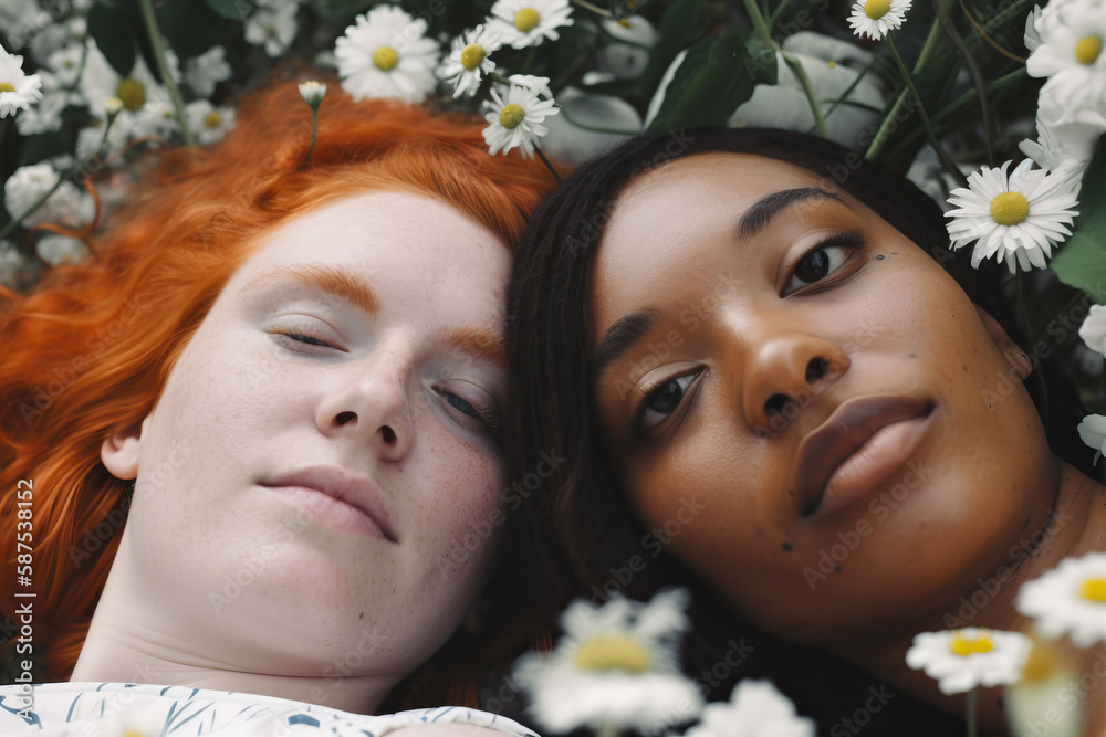 Obraz premium Portrait of two young women amidst flowers, generative ai