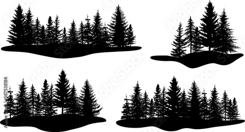 Pine tree vector illustration set. Black silhouette landscape.