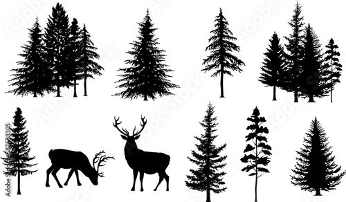 Pine tree and reindeer vector illustration set. Black silhouette. © Mimi Art Smile