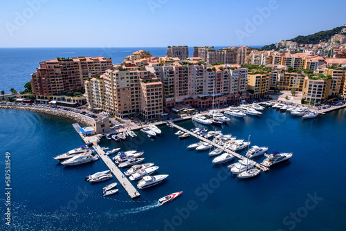 Panoramic view of Port de Fontvieille in Monaco. Côte d'Azur . Colorful bay with a lot of luxury yachts