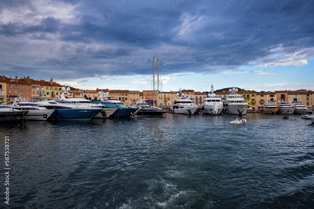 Port of Saint Tropez, luxury yachts in marina, France Port of Saint Tropez, luxury yachts in marina, France