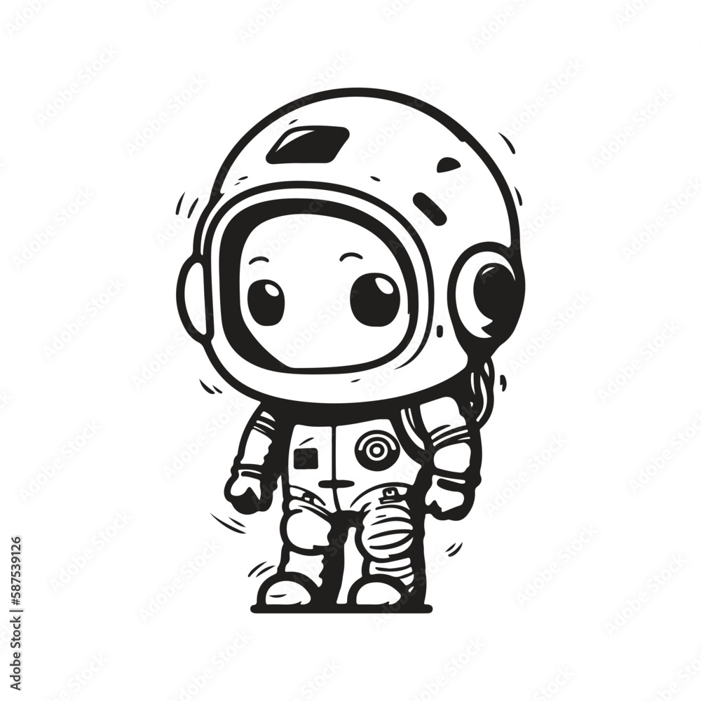 cute astronaut, logo concept black and white color, hand drawn illustration