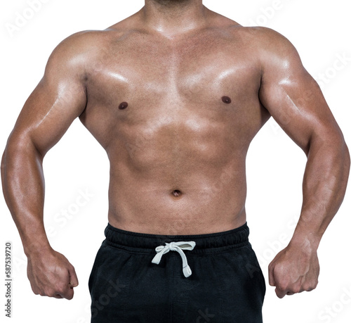 Muscular man flexing for camera