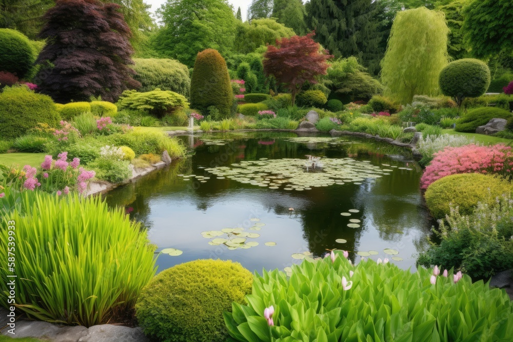 A tranquil garden with blooming flowers, lush greenery, and a peaceful pond background Generative AI