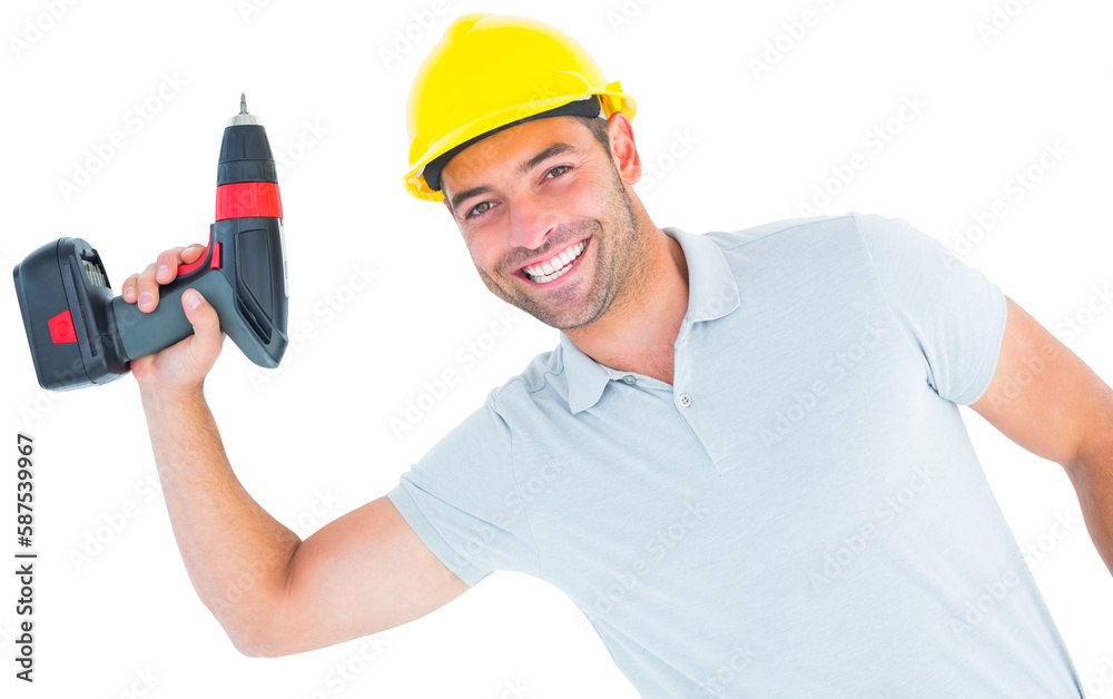Smiling repairman holding power drill Smiling repairman holding power drill