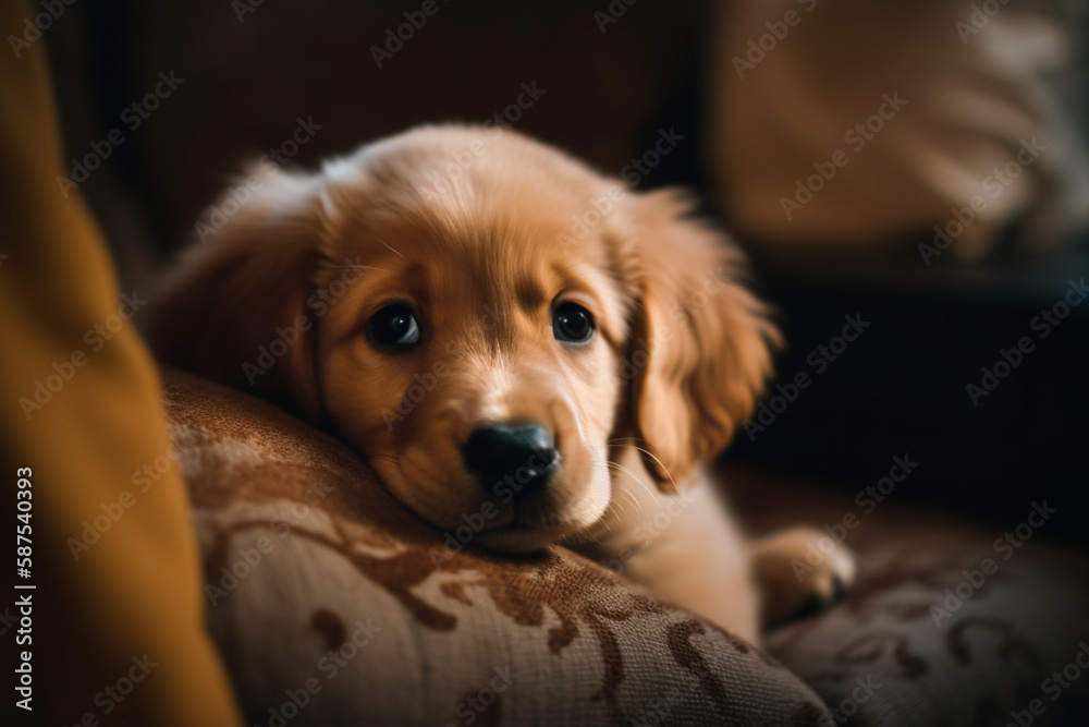 A sleepy golden retriever puppy snuggled up in a cozy blanket, its eyes half-closed and a contented expression on its face, emphasizing the puppy's cuddly and sweet nature, generative ai A sleepy golden retriever puppy snuggled up in a cozy blanket, its eyes half-closed and a contented expression on its face, emphasizing the puppy's cuddly and sweet nature, generative ai