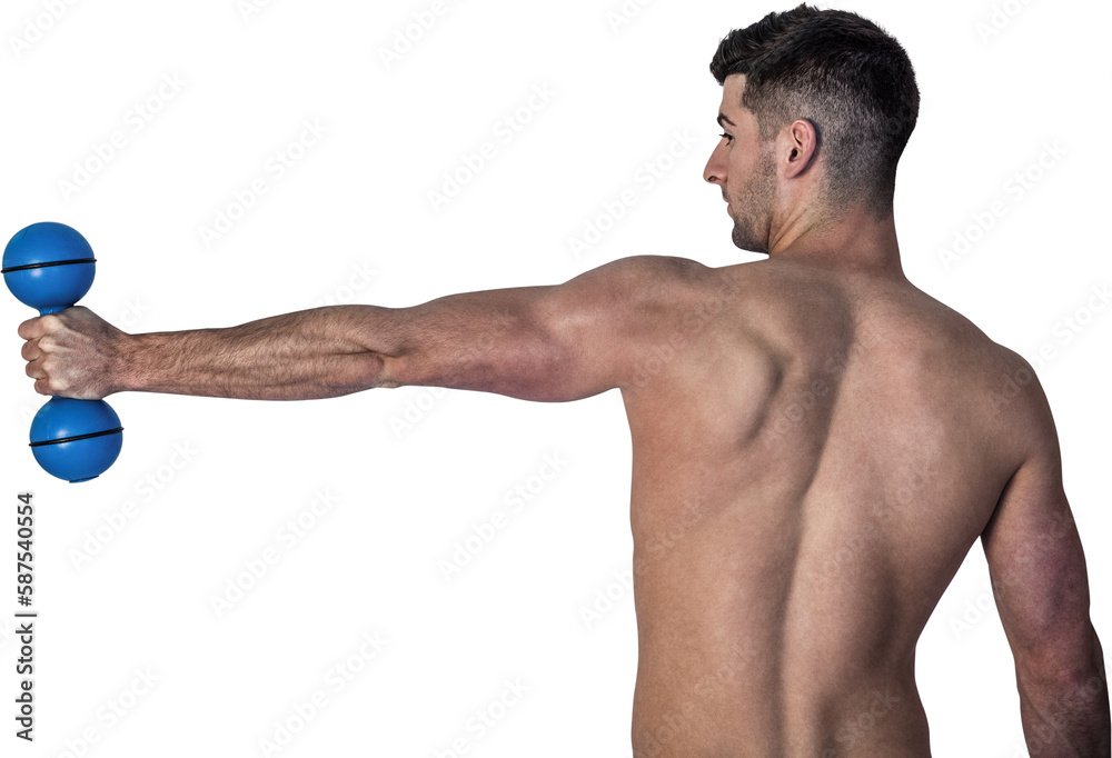 Man stretching arm while holding dumbbell